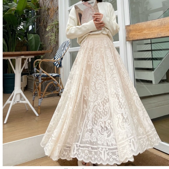 Lace skirt cream beige womens summer spring long skirt floral - Picture 2 of 15